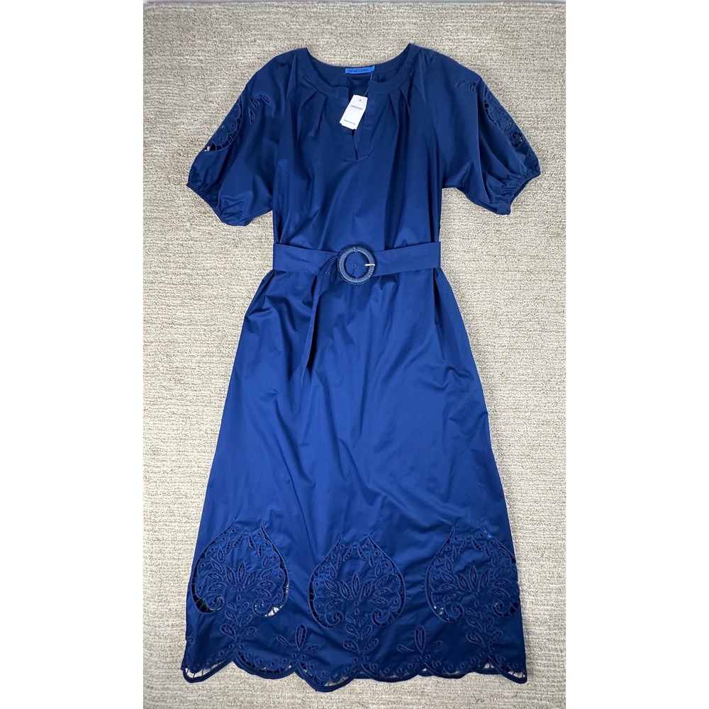 J.McLaughlin Marley Embroidered Midi Dress Navy Blue Eyelet Belted Cotton Small